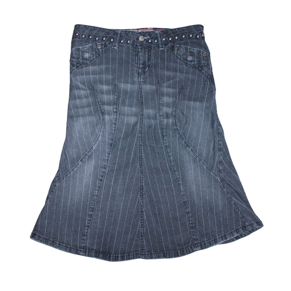 Candie’s Gray Pinstripe Denim Studded Y2K Style Flare Midi Skirt Size 3